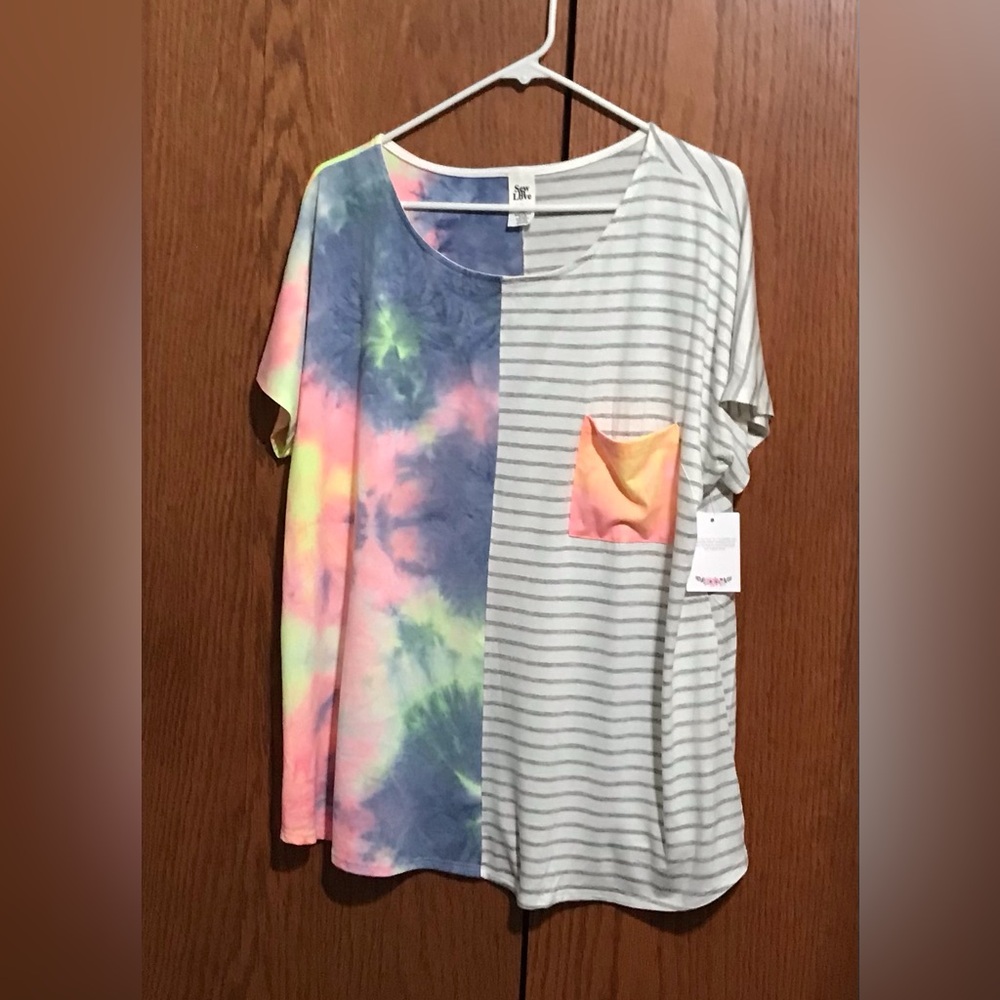 NWT Sew In Love 2X Two-Tone Tie-Dye & Stripe Pocket Tee - Multicolor Top Shirt